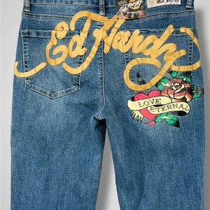 Ed Hardy Jeans Womens 32 True Love Fit & Flare Love Eternal Y2K Blue Denim